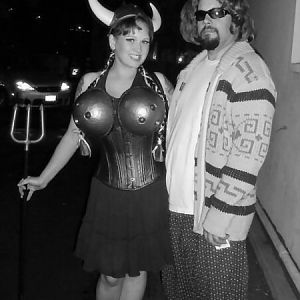 Maude and The Dude.  I loved making the big bowling ball bosom.  The Big Lebowski sweater is from thrift store, it's a Pendleton.
