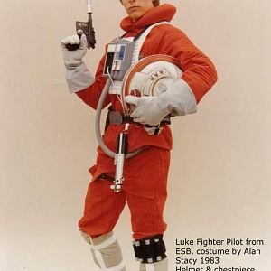 Luke Fighter Pilot by Alan Stacy 1983; gun and leather work by Paul Roberts; Helmet and chestpack from collection of Bob Klem (manufactured by Marco E