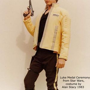 Luke Medal Ceremony reproduction outfit from Star Wars 1982-83. Mark Fisher pictured. Gun from Bob Klem's collection, leather belt by Paul Roberts.