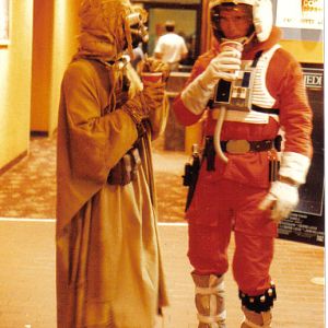 Opening for ROTJ at Forum 303 Mall Movie Theatres, 1983, Costumes by Alan Stacy, Tusken Raider - Paul Roberts; Fighter Pilot - Mark Meeks.