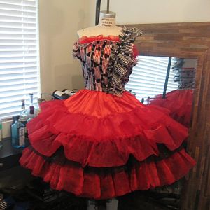 bodice pinned, top layer of crinoline pinned to bodice