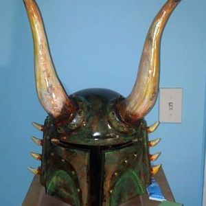 Front of a Rusty Fett horned helmet