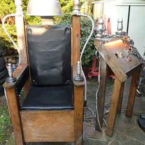 This is my Custom Built Electric Chair that was A Fully Functional prop, that used:
Vibration / Compressed Air / Strobe light & Smoke to Give it's Vi