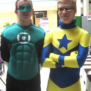 Booster Gold (complete with yellow goggles and Legion flight ring) and Green Lantern (Complete with face mask and Power Ring)