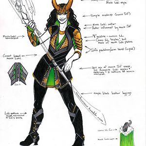 Original design breakdown for Lady Loki, as inspired by primarily Avengers-verse Loki, as well as comic and film versions of Loki & Sif.