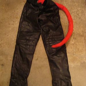 Leather pants with attached tail, tail has heavy wire inside to make it posable