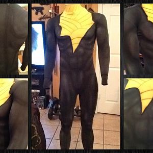 First we sewed a lightning bolt on the spandex suit with lines sewed into it

It was airbrushed