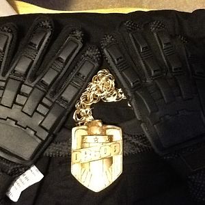 Black flight suit, gloves, resin dredd badge, and gold chain.