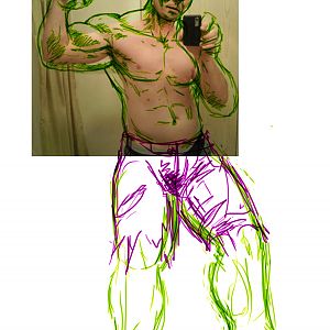 hulk costume concept sketch, a very rough sketch of hulk over a picture of myself.