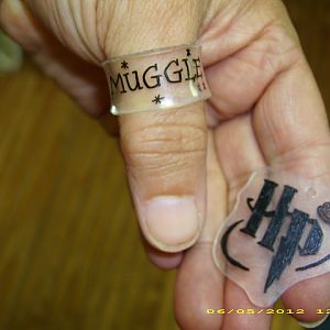 shrink plastic "Muggle" ring and "HP" tag