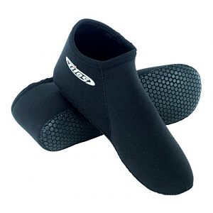Tilos 3mm neoprene diving socks for wearing inside the suit. 
This provides shape and stability to the bottom, as I'm spraying on a sole, not attachi