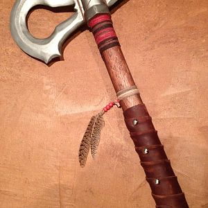 Tomahawk. MDF, leather, hemp cord, axe handle.