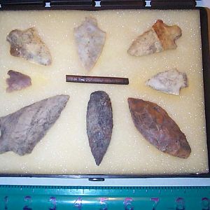 Local found stone points and carved bone needle section.