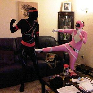 The ninja (me) vs the pink ranger (my girlfriend).