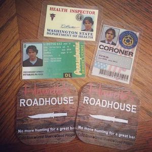 Some of Sam's fake ID's from seller "uss-defiant" on eBay & Harvelle's Roadhouse coasters from seller "HuntersAndTimelords " on Etsy!