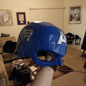 Captain America helmet. Could use some more work to reduce number of sharp edges.