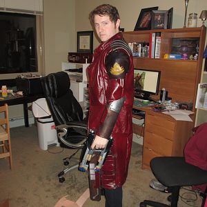 Completed jacket, made from leather and quad blaster, modded from the Nerf gun.