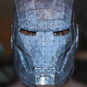 frontview of the build pepakura Ironman Mark IV helmet with epoxy resin & fiberglass
