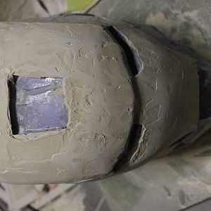 topview of the Ironman Mark IV helmet with some coats of bondo and sanding