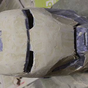 frontview of the Ironman Mark IV helmet with some coats of bondo and sanding