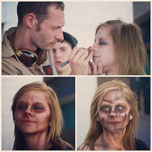 Doing some zombie make-up in my Ghostbusters shirt. Model: Ashley Hart.