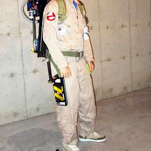 My GB flight suit with my prop proton pack, and a few prop ghost traps I've made for my GB cosplay gear.