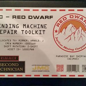 Red Dwarf Vending Machine repair kit sticker on one of my leather toolboxes.