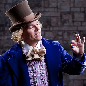 Professional closeup of costume, with me holding my custom-made Everlasting Gobstopper.