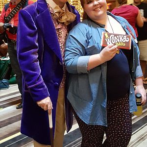 Me posing with a fan.  I gave her my handmade Wonka chocolate bar to hold as a prop.