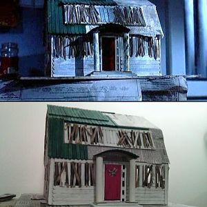 Paper Mache Popsicle Stick Freddy House
Split screen shot of original house from the film on the top and my replica on the bottom.