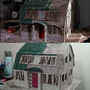 Popsicle Stick Freddy house
This is a split screen shot of the original house from the film on top and my replica on the bottom