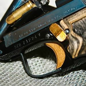 A Beretta 950 Jetfire.  Probably one of the quintessential mouse guns most of these are fairly ugly.  This has custom wood grips and gold work done to