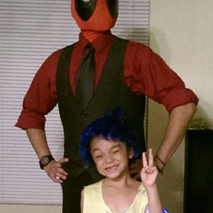 My daughter wanted to be Joy from inside out, she wanted me to dress up as anger but as a dad version of anger so, in exchange I dressed up as Dad-Dea