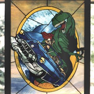 cadillacs and dinosaurs, large stained glass panel