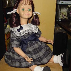 My Talky Tina replica.  While we are still uncertain of the exact way the original was built, we do know the doll used was a Vogue Brikette doll.  I u