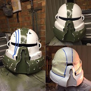 Helmet 06 - White and green gone on, usual battle damage done with latex masking to allow for peeling.