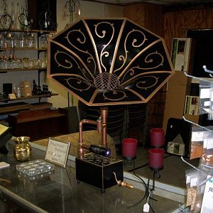 a steampunk phonograph with laser stylus, made for a LARP.