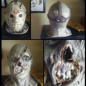 jason bust - head section - Crash mask, modified Nightowl mask. Cur of the rubber skyll and added a model skull. Added Moss & worms and shallacked mag