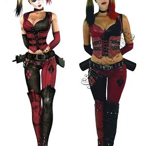 Harley Quinn Arkham City Costume 2011. Matte vinyl fabric. Side by side pose