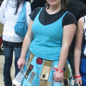 A picture that shows how the crinoline makes the skirt poof out (to mirror the shape of the actual console).

The shirt is supposed to represent the