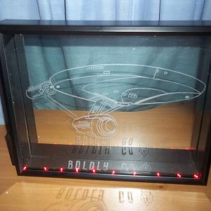 Biggest project in my glass etch that I've ever done so far. HUGE 11x14 shadow box with custom cut mirror inside, with the Enterprise from Star Trek.