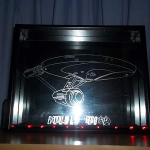 Biggest project in my glass etch that I've ever done so far. HUGE 11x14 shadow box with custom cut mirror inside, with the Enterprise from Star Trek.