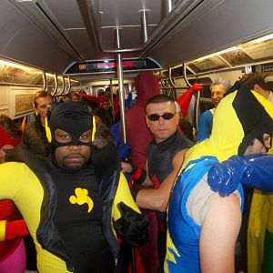 17 avengers on the subway headed to times square...  we got a LOT of attention